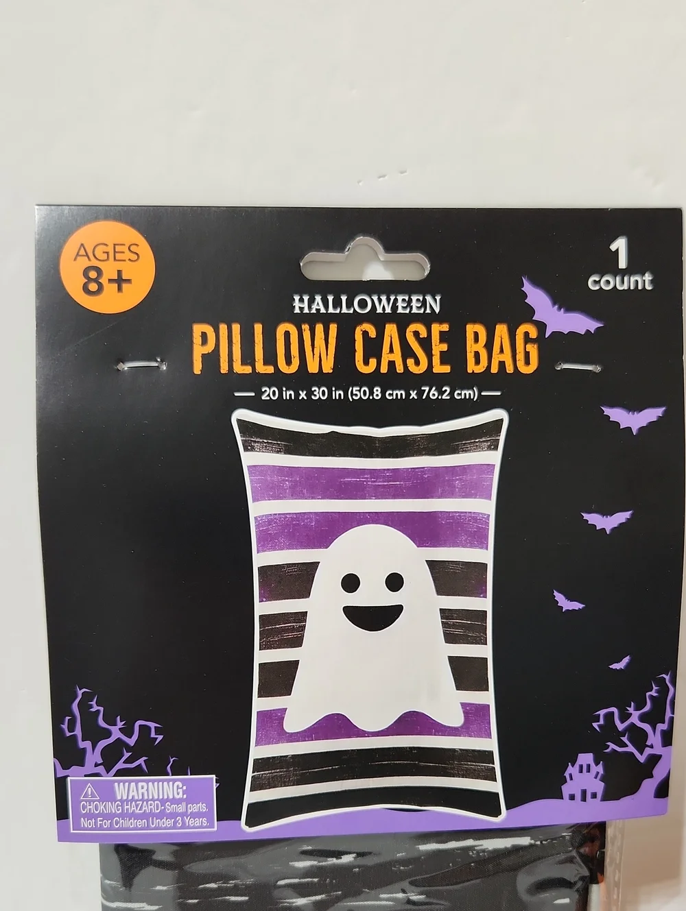 Halloween Black & Purple Stripe Ghost Pillow Case Trick-or-Treat Candy Bag